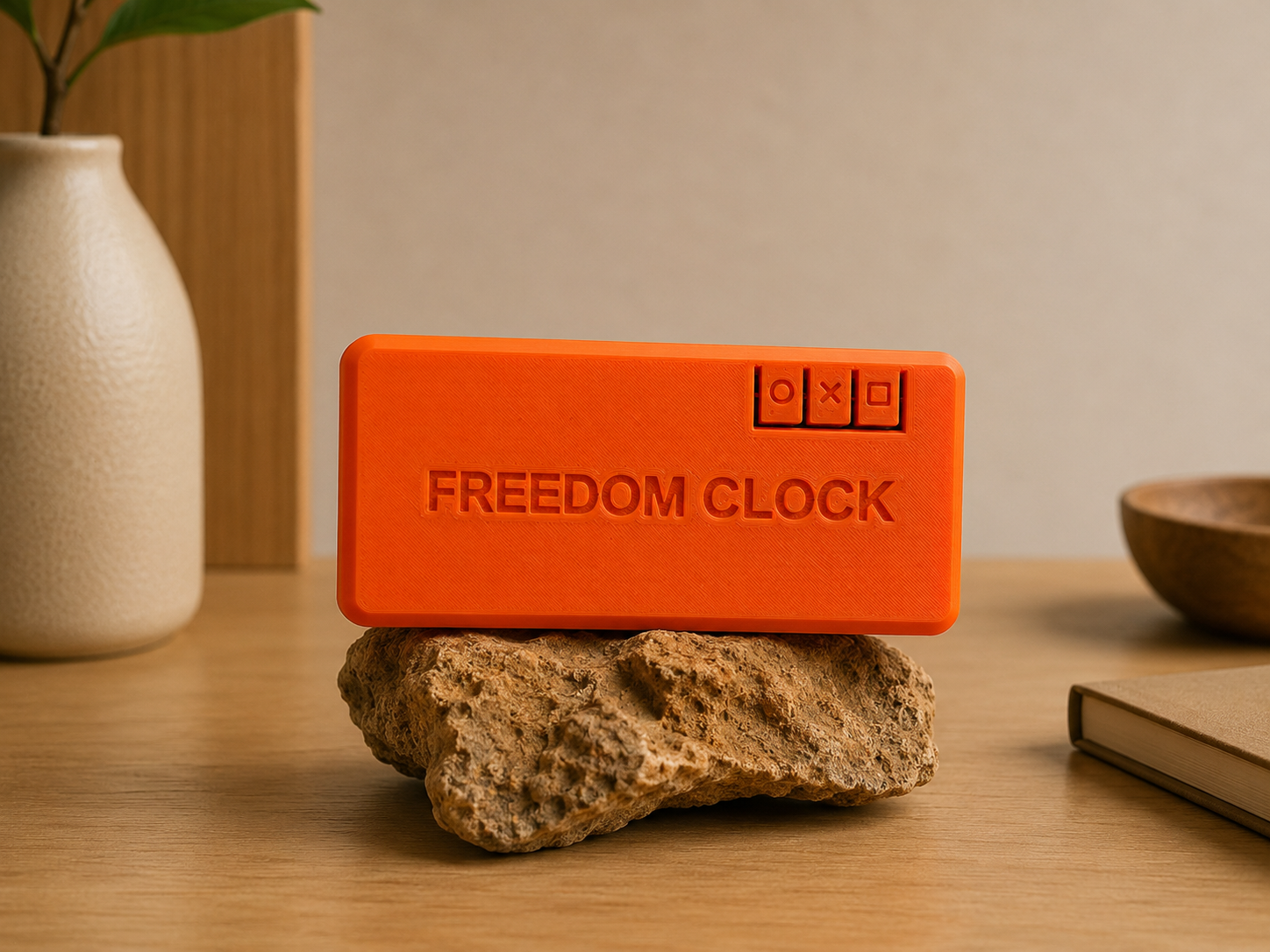 Back of the orange Freedom Clock case on a wooden desk