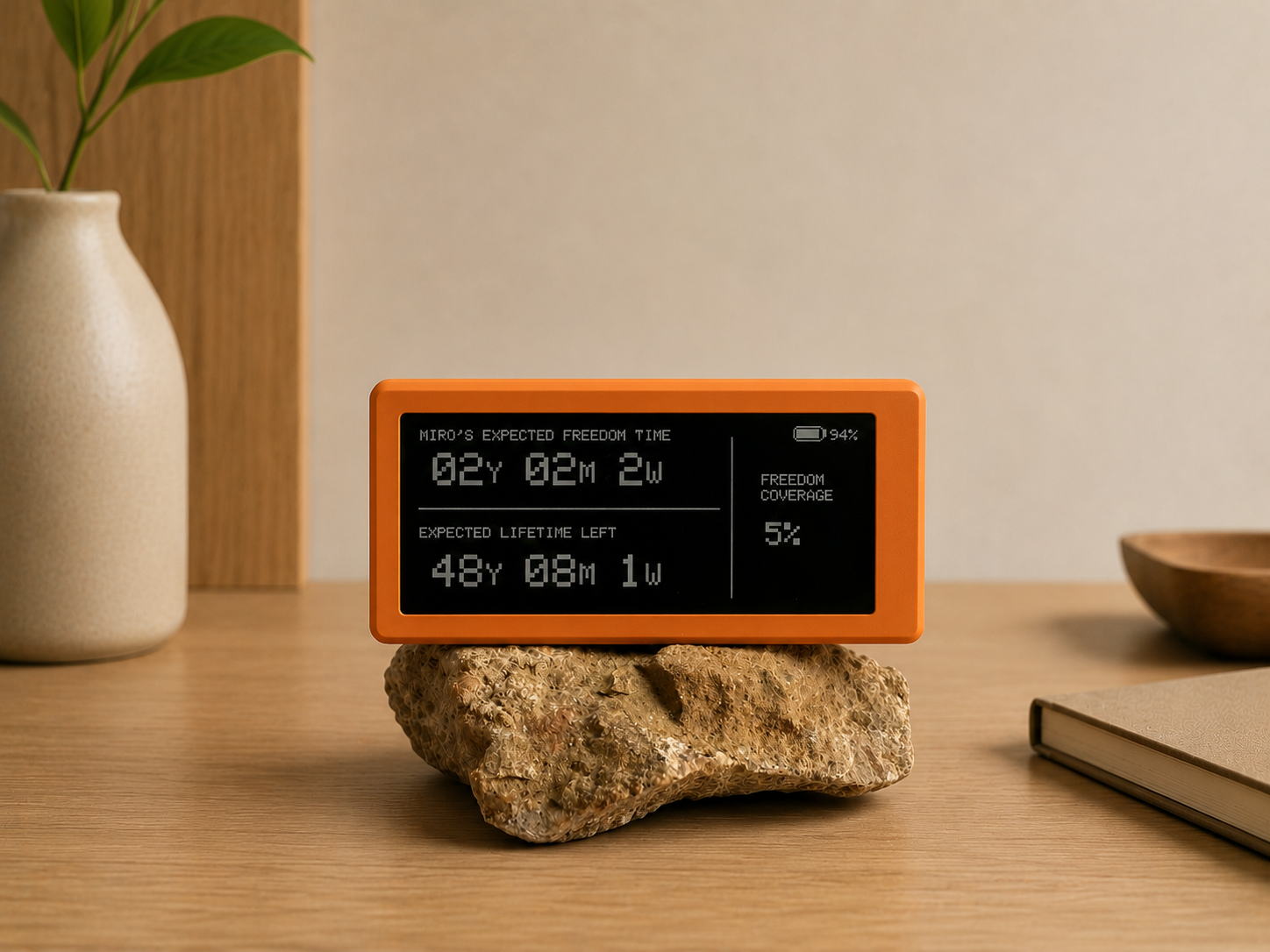 The Freedom Clock — a small orange e-ink display sitting on a stone on a wooden desk, showing freedom time